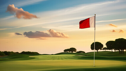 Golf green field with red flag. 
