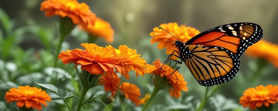 A monarch butterfly drinking nectar from a bright orange marigold flower , nectar, insect