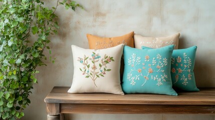 A cozy arrangement of colorful decorative pillows on a wooden bench, complemented by lush green foliage against a textured background.