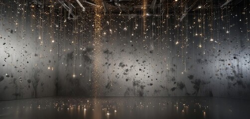 A room filled with sparkling metallic particles suspended in the air behind an abstract wall, background, abstract
