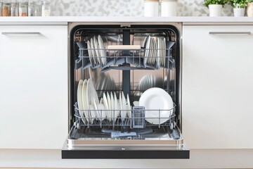 A modern dishwasher filled with clean plates and dishes, showcasing efficient kitchen organization and cleanliness.