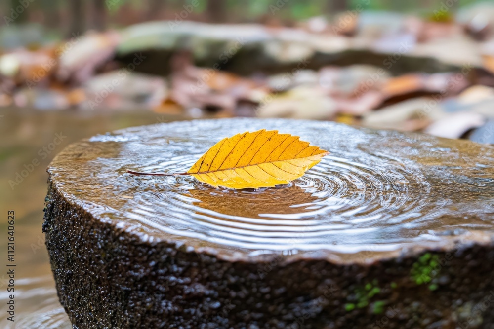 Poster a detailed image of water trickling from a leaf after a light rain, symbolizing the interconnected s