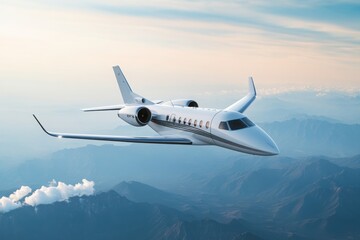 Obraz premium A sleek private jet soaring above majestic mountains under a tranquil sky, symbolizing luxury and freedom in air travel.