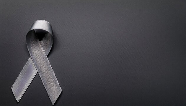 Brain Cancer Awareness Symbol. Gray Ribbon with Copy Space for Text. Dark Gray Background Isolated. Flat Lay Top View.