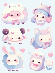 Pastel Kawaii Animal Stickers: Cute Characters in Clip Art Style