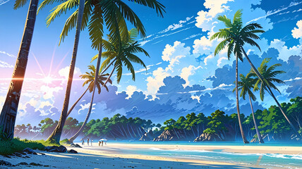 A lot of shining palms at a wonderful beach, anime painting. Generative AI.