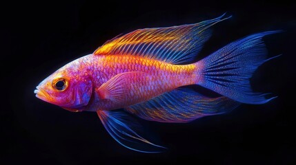A single bright fish with shimmering scales is captured against a rich black background.