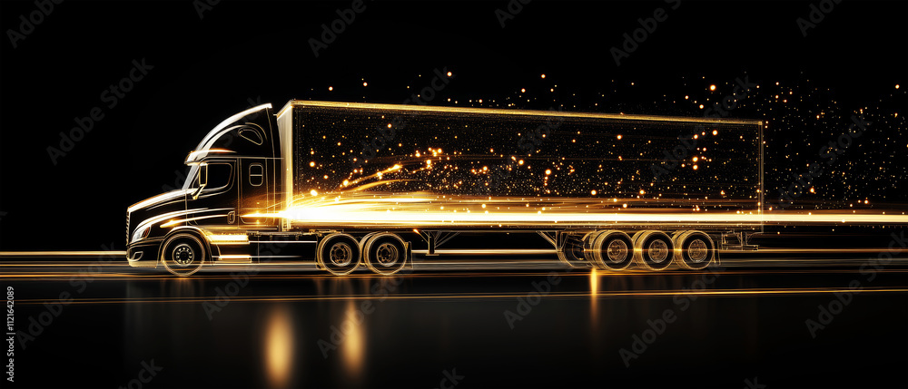 Poster dynamic cargo semi trailer in motion with shimmering sparkles on a sleek black background for an eng
