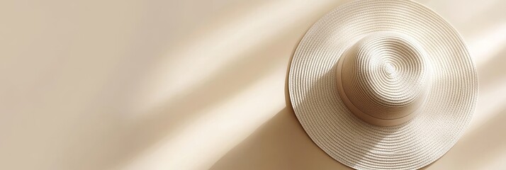 A light, gentle abstract background featuring a wide-brimmed straw hat casting soft shadows on a mocha-colored surface