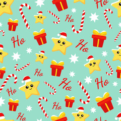 Vector pattern with yellow star, gift, candy cane, Ho and white stars on light green background