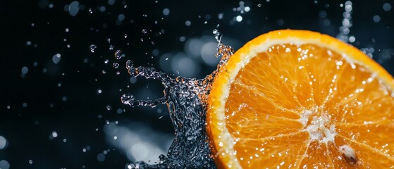 Fresh Orange Slice Splashing in Water with Sparkling Bubbles - Refreshing Citrus Fruit Concept for Drinks and Health