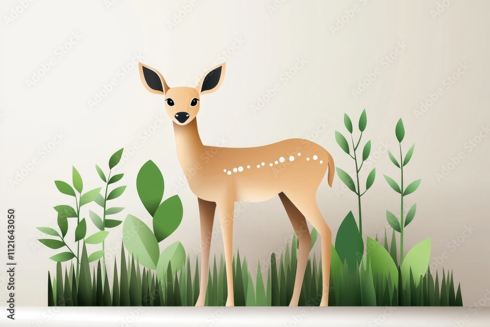 Aufkleber a flat design of a deer in a forest, with trees and grass represented as abstract shapes in soft, na