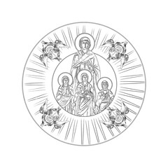 Naklejka premium Holy Martyrs Faith, Hope, Love and their mother Sophia. Greek medallion- coloring page in Byzantine style