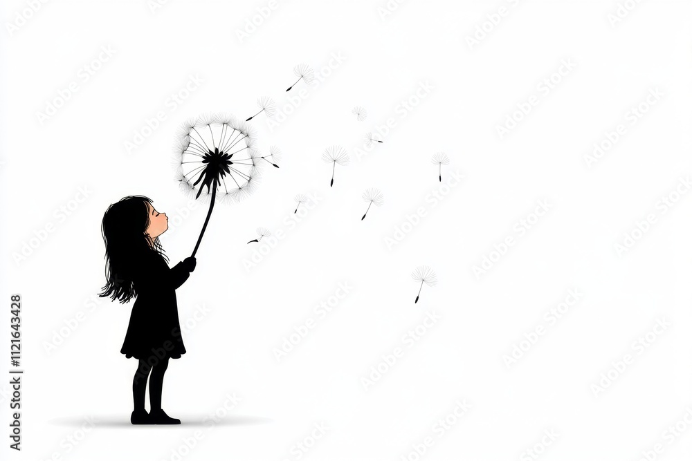 Poster A flat vector design of a child blowing a dandelion puff, with seeds drawn as whimsical spirals floating away on a clean white canvas