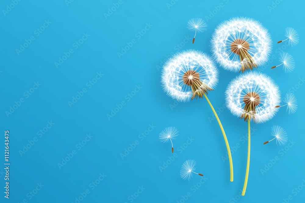 Poster A flat vector design of a dandelion puff releasing seeds in a clean, geometric style with soft pastel gradients