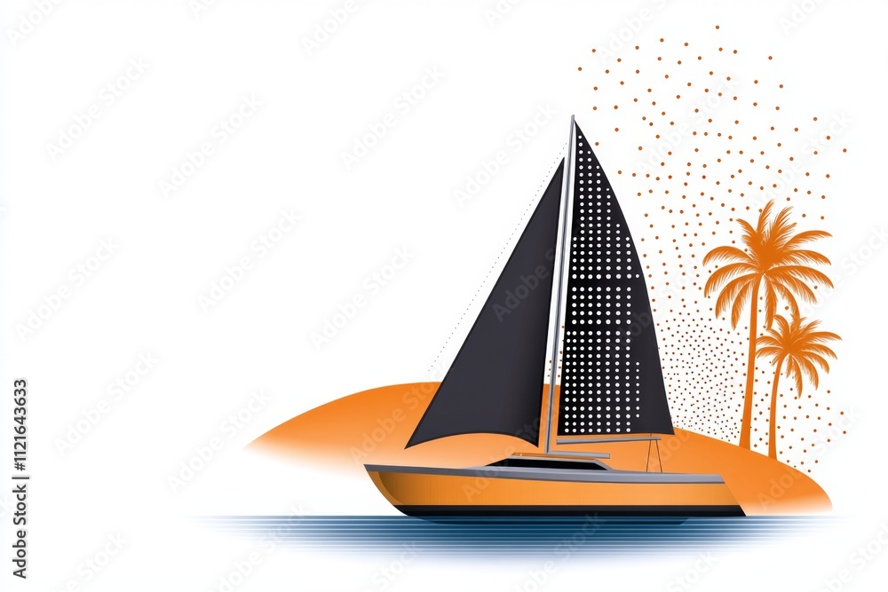 Poster A flat vector of a dhow sailing against a desert skyline, with simple shapes and bold colors set on a white background
