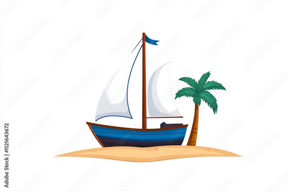 Poster A flat vector of a dhow sailing against a desert skyline, with simple shapes and bold colors set on a white background