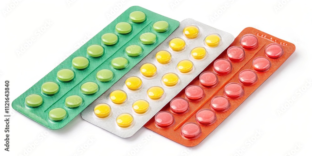 Poster three different colored pills are lined up on a white background