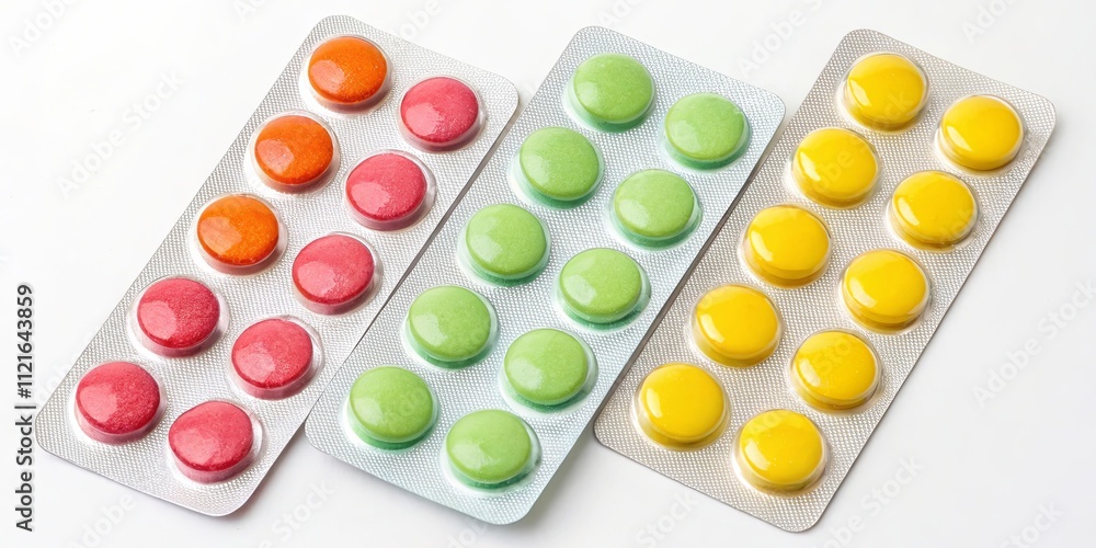 Poster three different colored pills are lined up on a white background