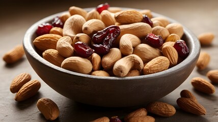 /imagine: A realistic photo of a stone bowl containing cashews, almonds, hazelnuts, dried cranberries, and golden raisins, with warm natural lighting highlighting the textures.with copy space for text