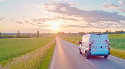 Obraz premium Floral-adorned white delivery van cruising down a rural road at sunset, transporting valentine's day flowers
