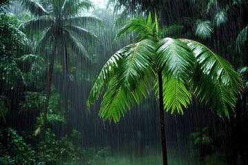 Naklejka premium A high-resolution shot of a rainstorm over a dense rainforest, with rain collecting into small streams that feed larger rivers