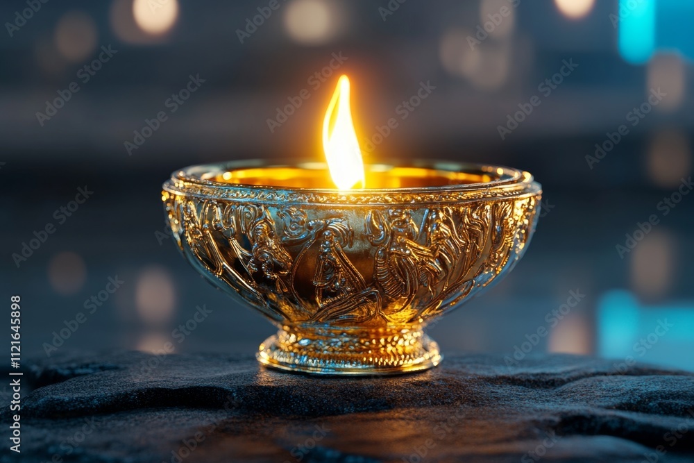Poster a hyper-realistic close-up of a glowing diya with intricate brass carvings, illuminating its surroun