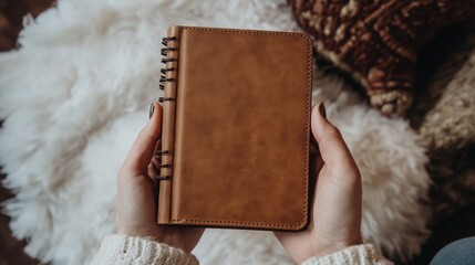 Close-up of a person's hands holding a brown leather notebook on a fluffy white surface