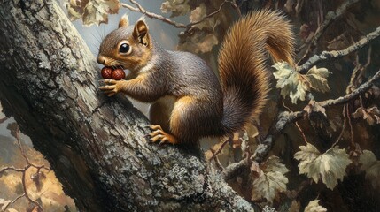 Obraz premium A squirrel, quick and nimble, darts along a branch, pausing just long enough to nibble an acorn, safe in its leafy perch