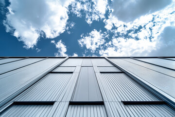 Modern warehouse with sleek steel cladding and expansive rolling doors set against a vibrant blue...