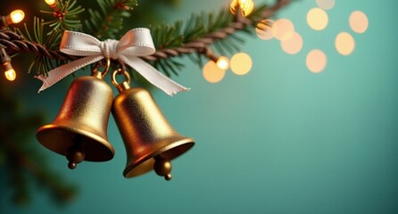 Shimmering golden and silver Christmas bells hang delicately in a festive scene, with glowing fireflies and an elegant HD background.