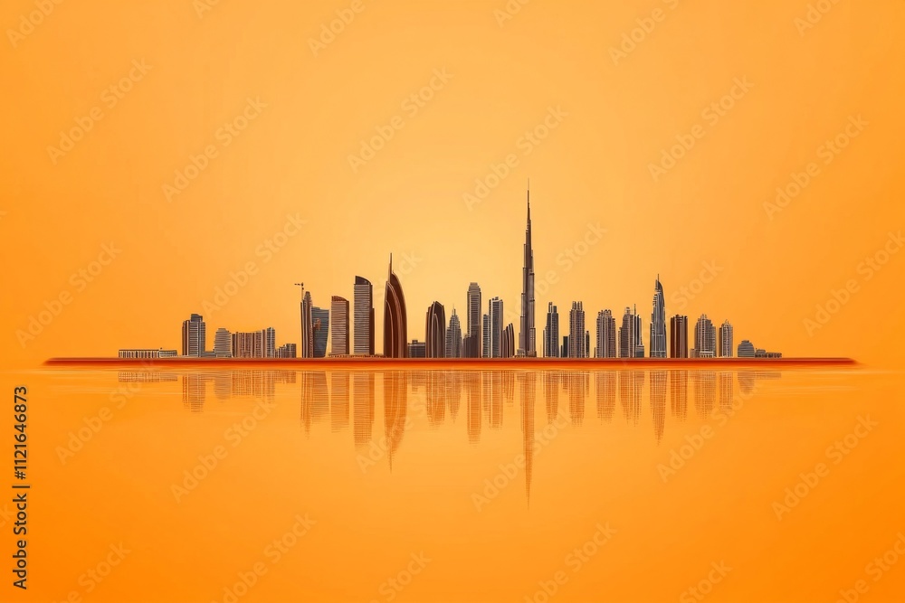 Poster a minimalist flat design of abu dhabi skyline, drawn with clean lines and soft golden hues represent