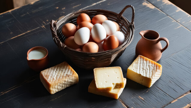 a basket of eggs and cheese