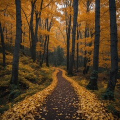 Fototapeta premium A path covered in golden autumn leaves leading deeper into a forest.