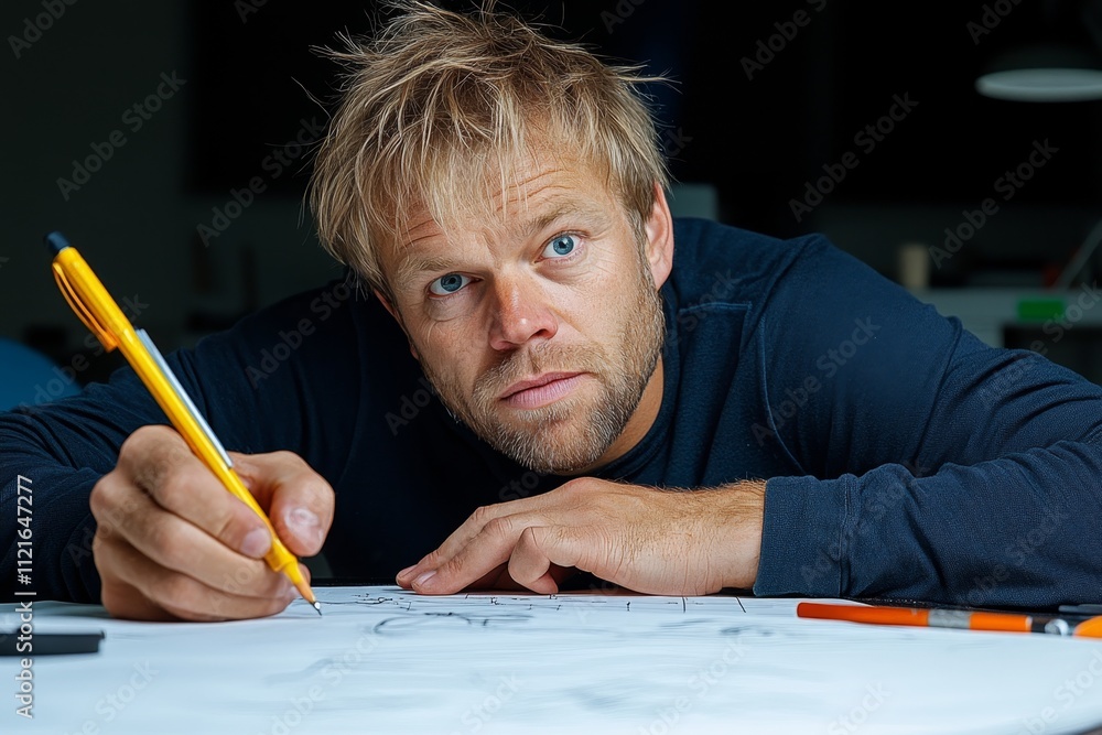 Poster a moody depiction of a designer drafting dark, intricate patterns on parchment, surrounded by shadow