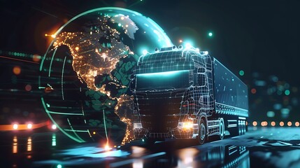Concept of supply and shipment on a globe including a luminous vehicle