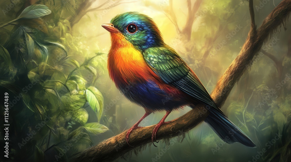 Poster a striking bird with a vivid array of colors rests on a branch in the forest.