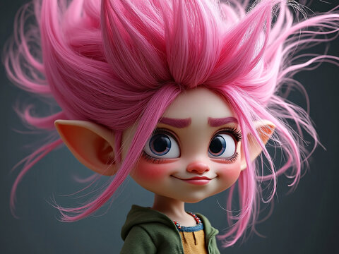 Cute and funny 3d troll girl character smiling with funky pink hair
