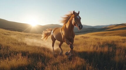 a horse running under the sun, mane flowing, every muscle and strand of hair sharply detailed against a scenic backdrop