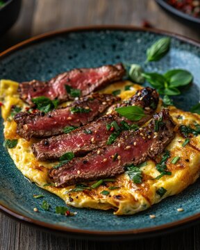 Crafting a Fluffy Omelette with Steak Strips and Fresh HerbsCulinary Delight in Your Kitchen