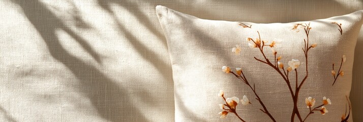 A minimalistic background featuring a textured surface and a decorative pillow with a floral print in soft colors
