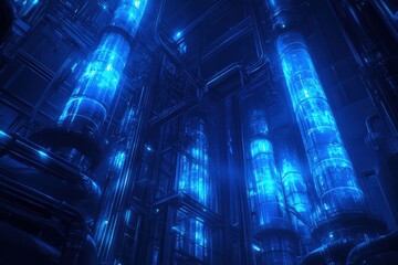 Fototapeta premium Futuristic technology environment industrial facility digital art blue light abstract viewpoint energy concept