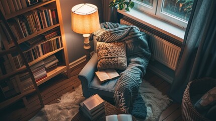 Cozy reading corner with a chair, books, and warm lighting by a window
