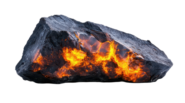 Fiery molten rock with vibrant orange glow. transparent background