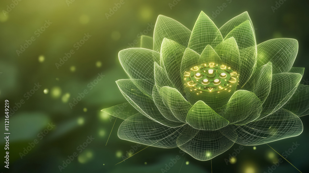 Poster a digital rendering of a glowing green lotus flower with intricate wireframe design and luminous par