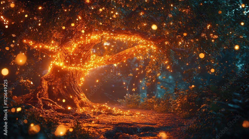 Poster decorative lights twinkling under a lush tree, casting a soft glow that reflects off the surrounding
