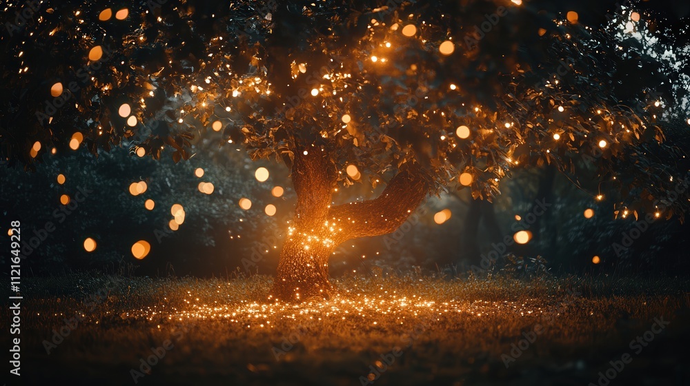 Poster decorative lights twinkling under a lush tree, casting a soft glow that reflects off the surrounding