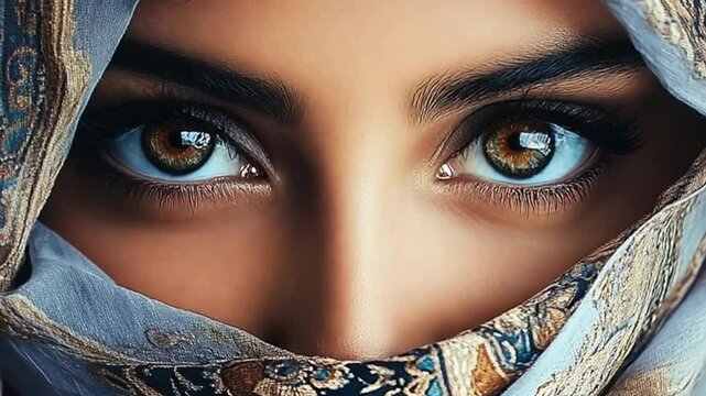 A mysterious beauty woman with captivating eyes is partially covered by a colorful veil, creating an enigmatic and alluring atmosphere. Arabian woman with face cover