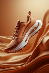 A futuristic mocha mousse-colored running shoe suspended above a smooth, flowing fabric background in warm tones