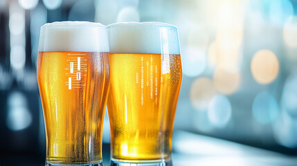 Two frothy glasses of beer sit on a bar counter against a blurred background of bokeh lights, creating a lively and inviting atmosphere.